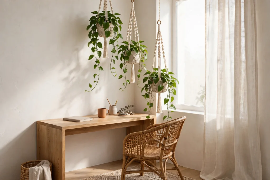Trailing pothos plants in macramé hangers beside a boho home office window