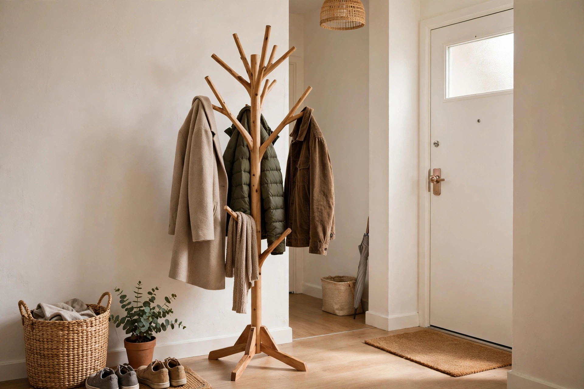 Freestanding Wooden Coat Rack In Rental Entryway