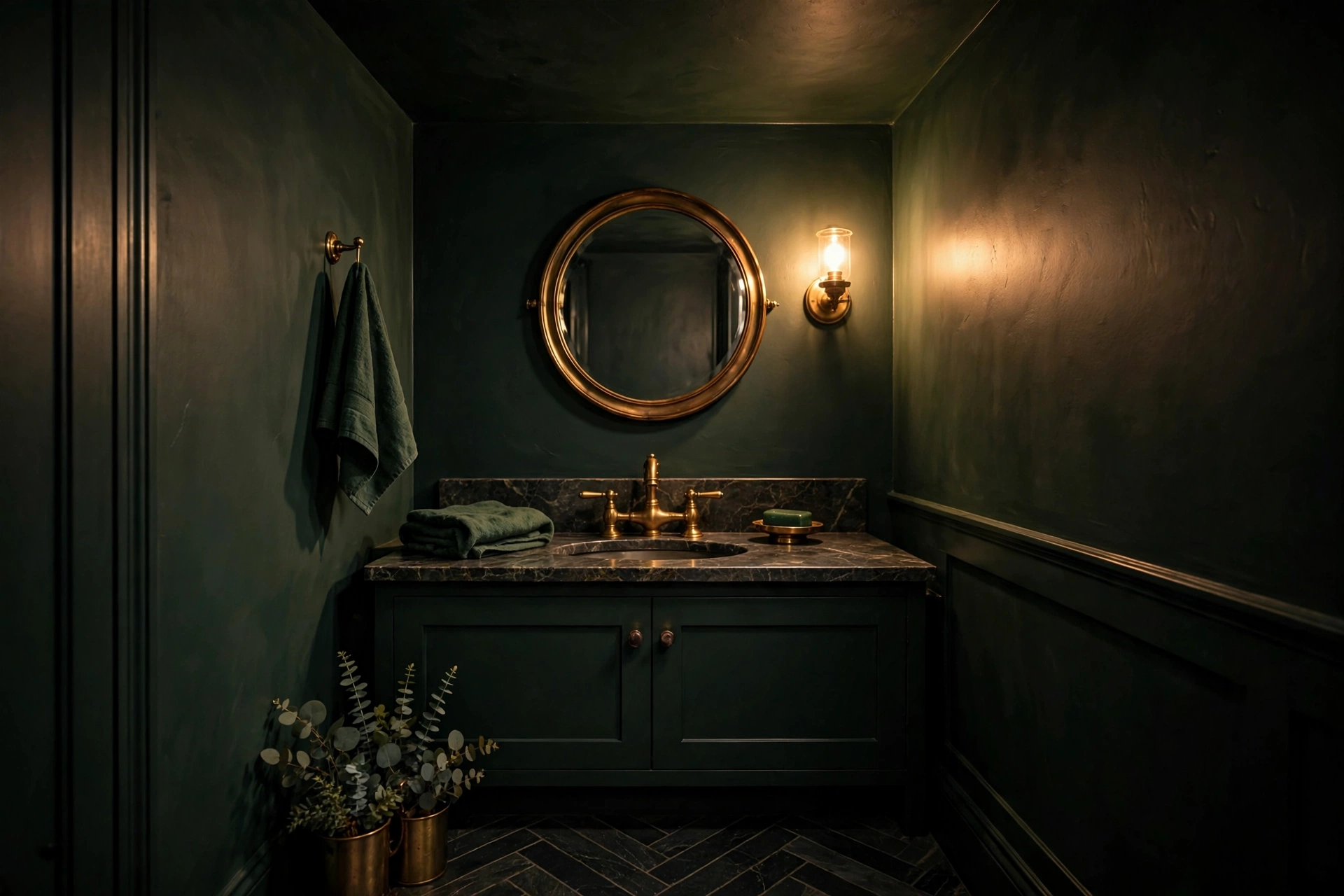 Half Bathroom With Moody Dark Green Painted Walls