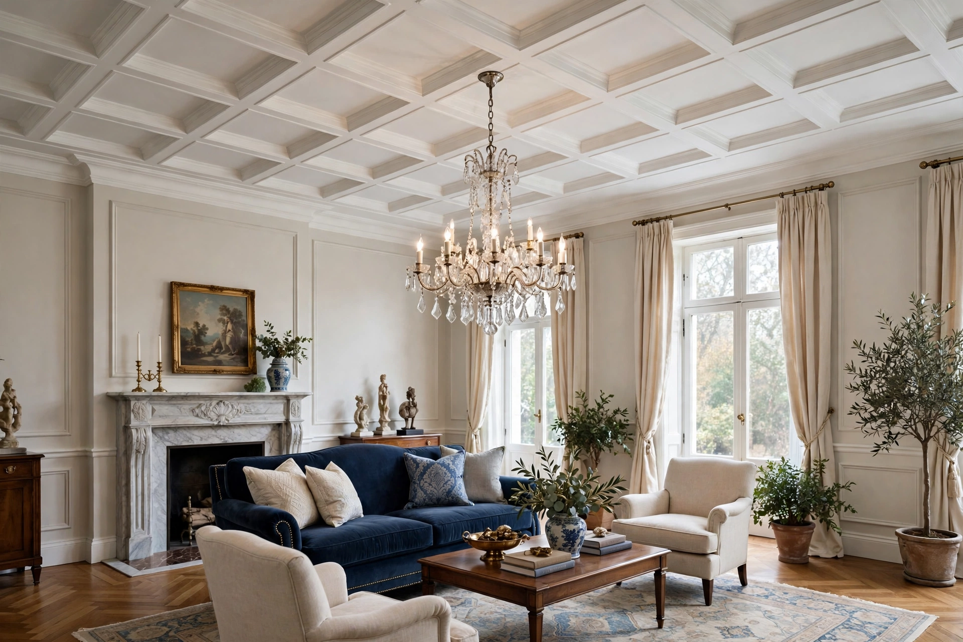 Coffered Ceiling Adding Architecture To Elegant Living Room