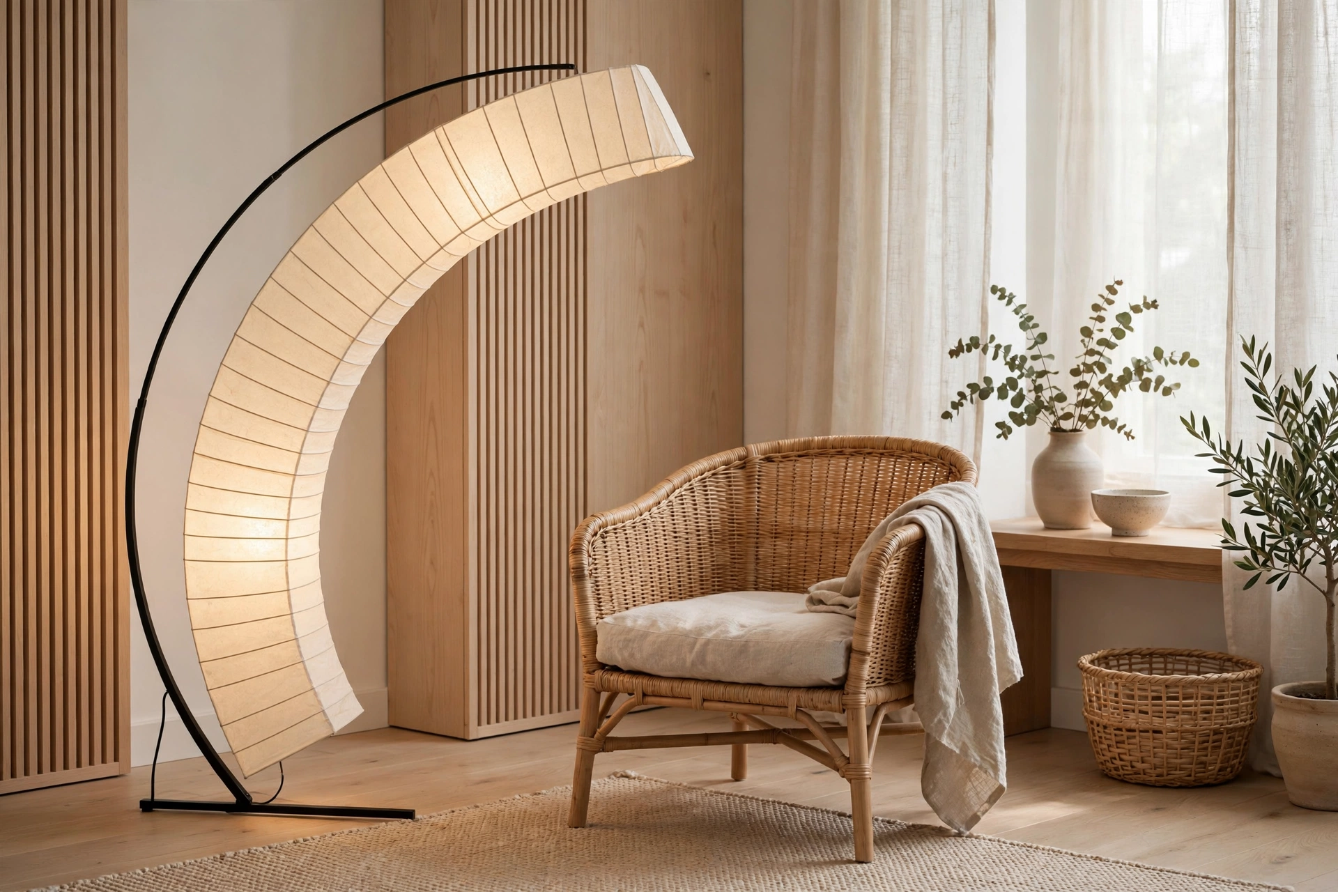 Washi paper arc floor lamp glowing softly in Japandi living room