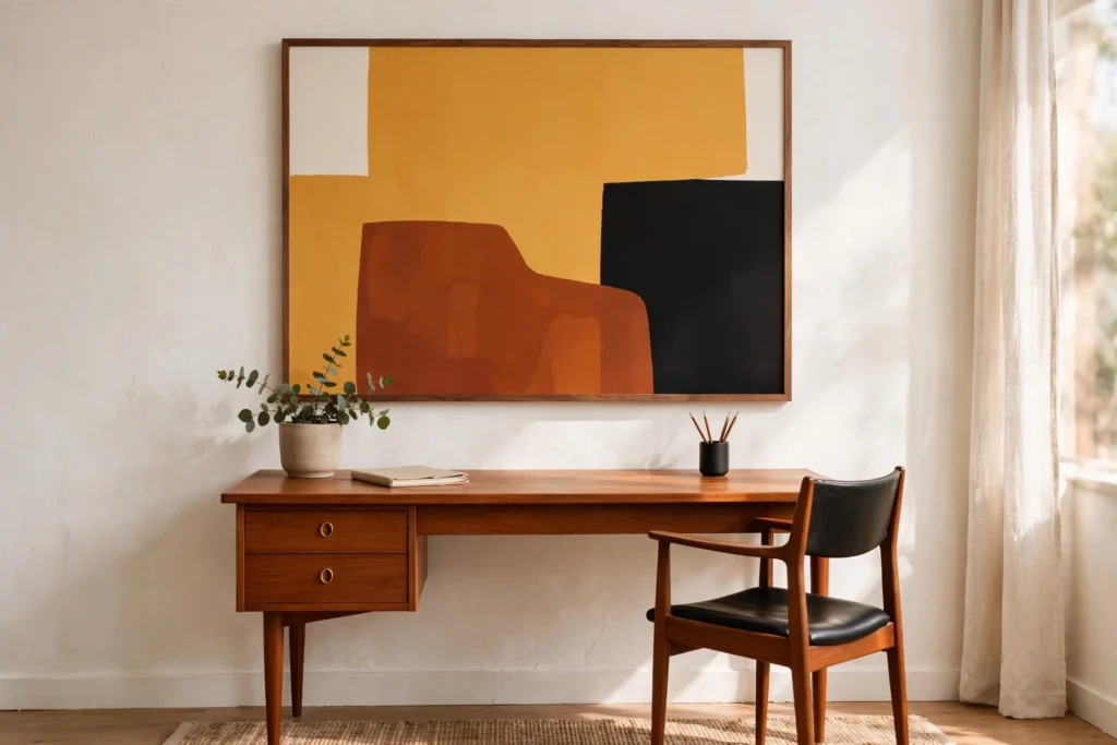 Bold abstract color-block print in walnut frame above a mid-century teak desk
