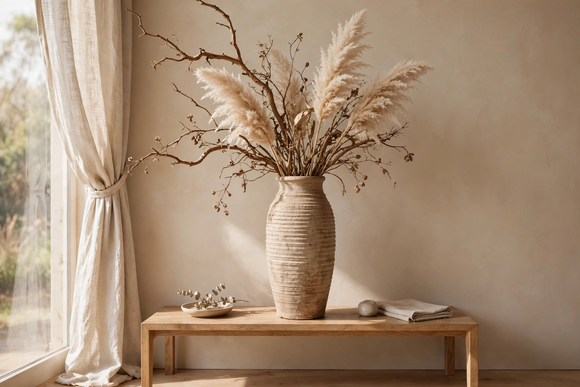 Tall Ceramic Vase With Dried Branches On A Console Table