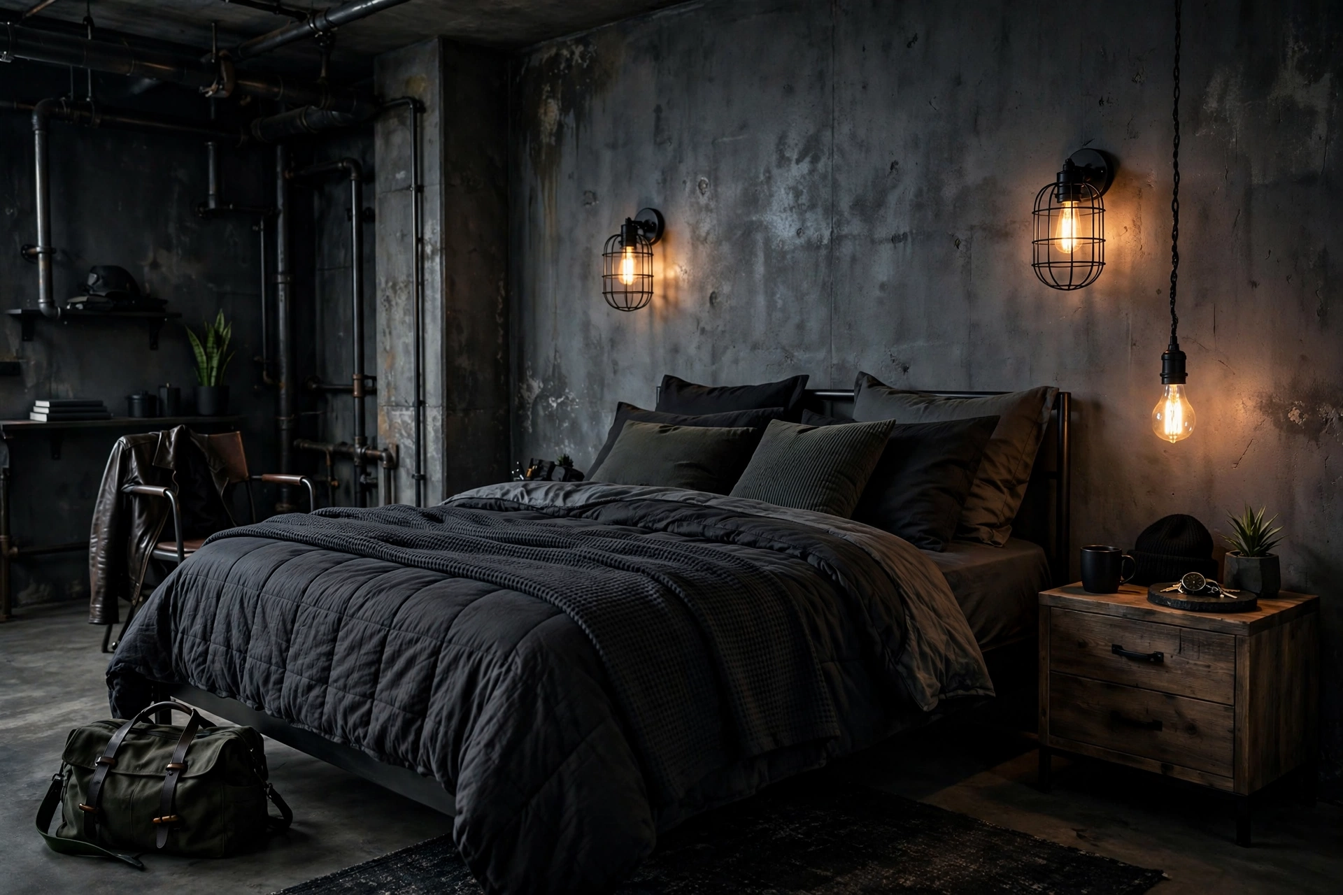 Industrial Lighting With An Edge In Masculine Bedroom