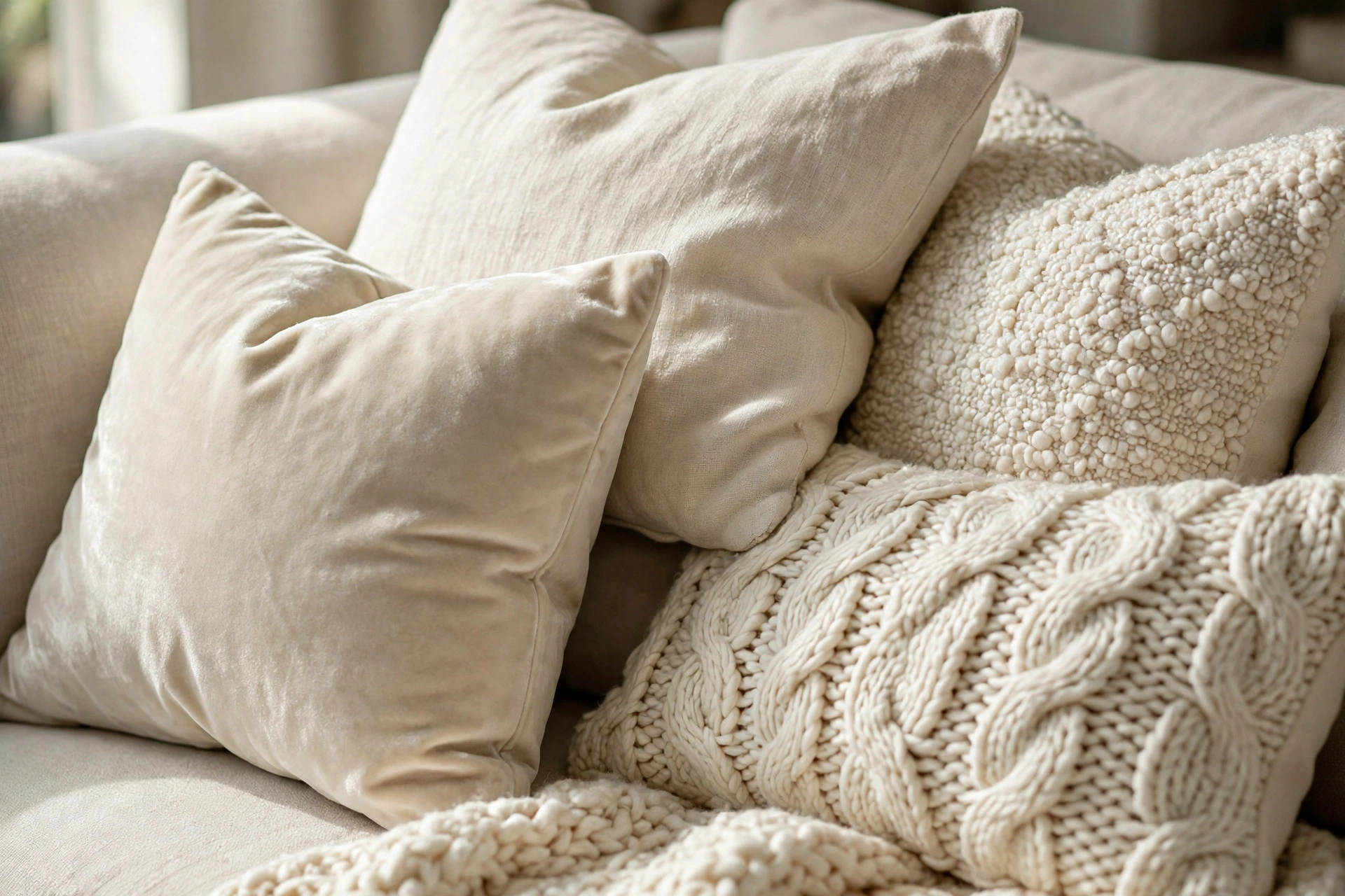 Textured Throw Pillows In Velvet Linen And Knit Fabrics