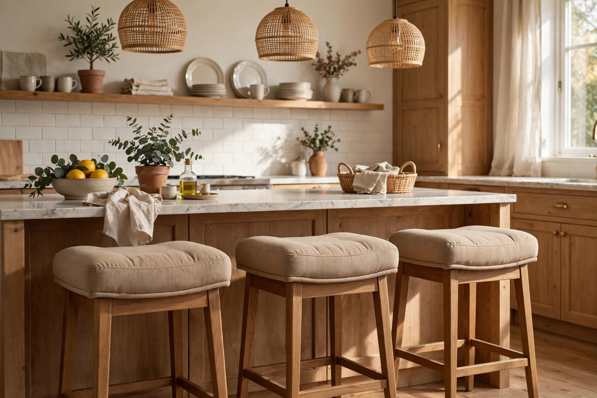 Comfortable upholstered bar stools with padded seats in a cozy kitchen