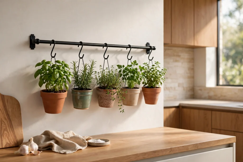 Herb pots hanging from a wall-mounted rail in a modern kitchen