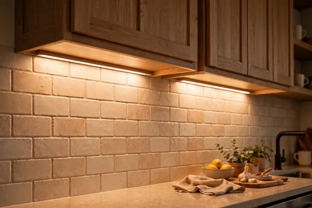 Warm white under cabinet light comparing cozy tones above a kitchen backsplash