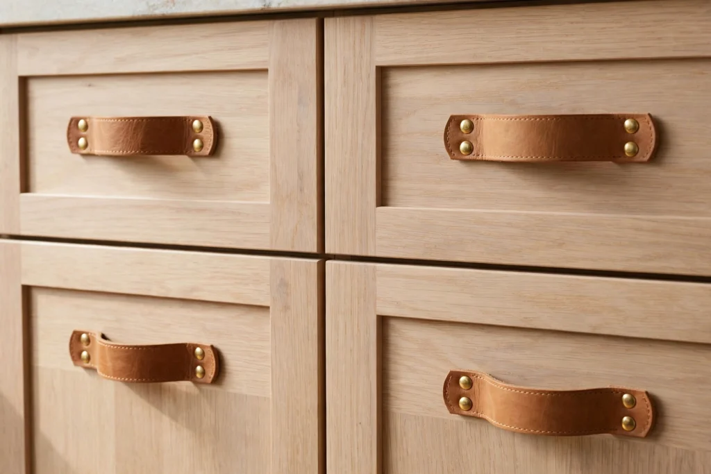 Tan leather strap pulls with brass studs on light wood kitchen drawers