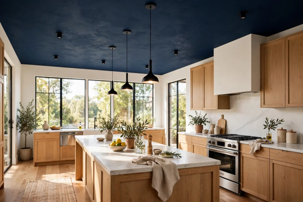 Navy painted ceiling adding drama above a modern kitchen