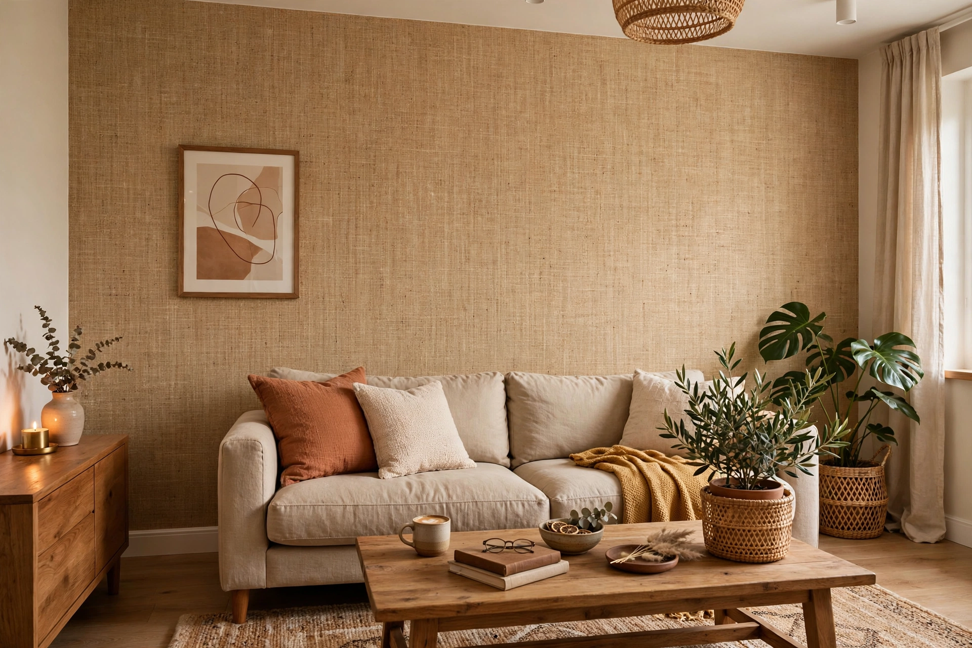 Natural grasscloth textured wallpaper adding warmth to a living room wall