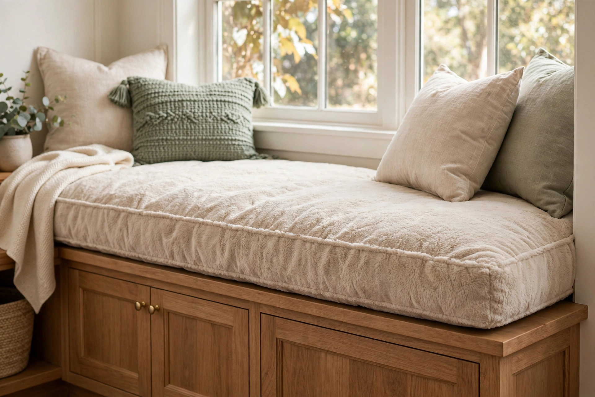 Thick foam window seat cushion with plush washable cover on a built-in bench