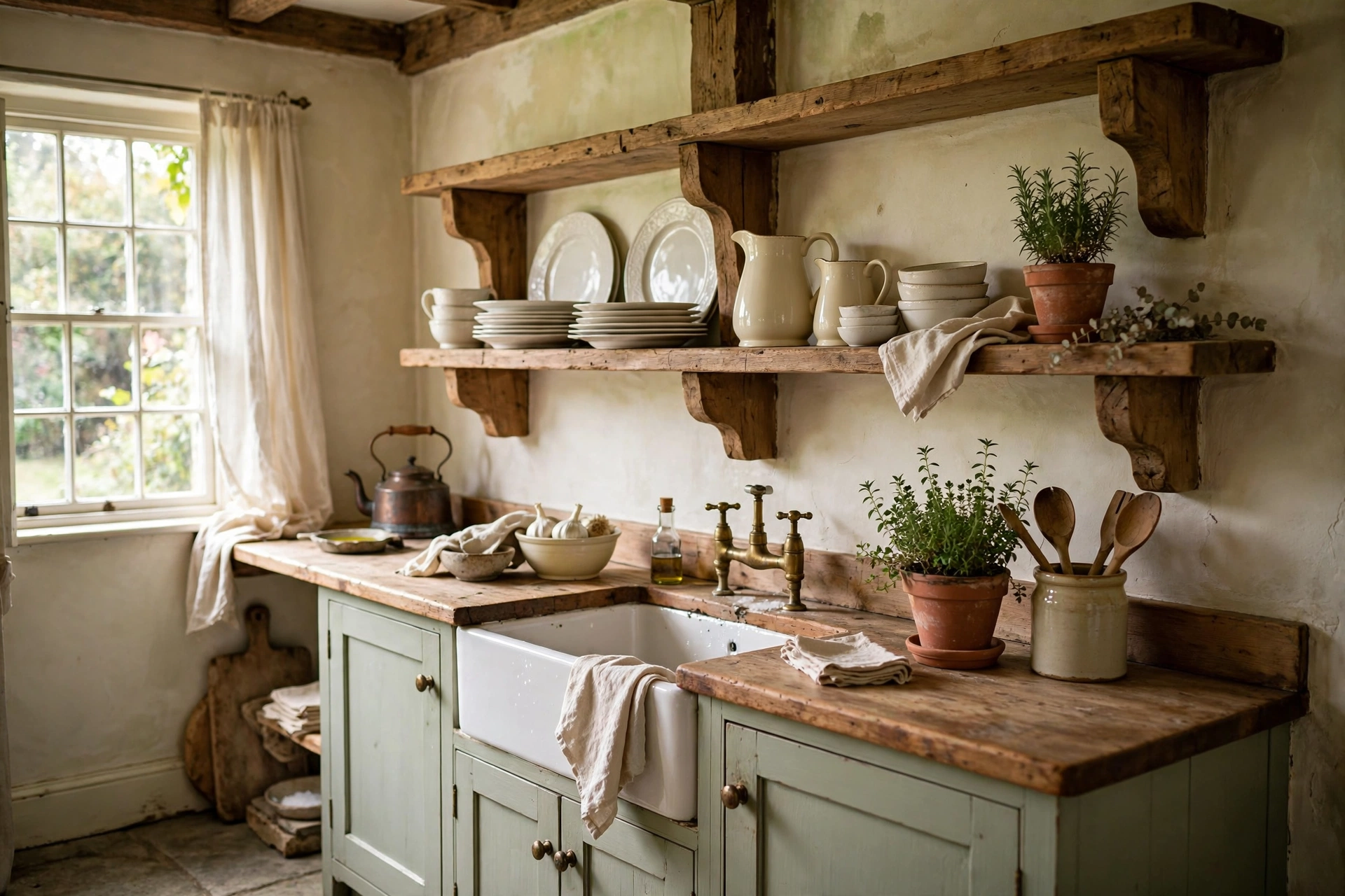 Wooden open shelves styled with white ironstone dishes in a cottage kitchen