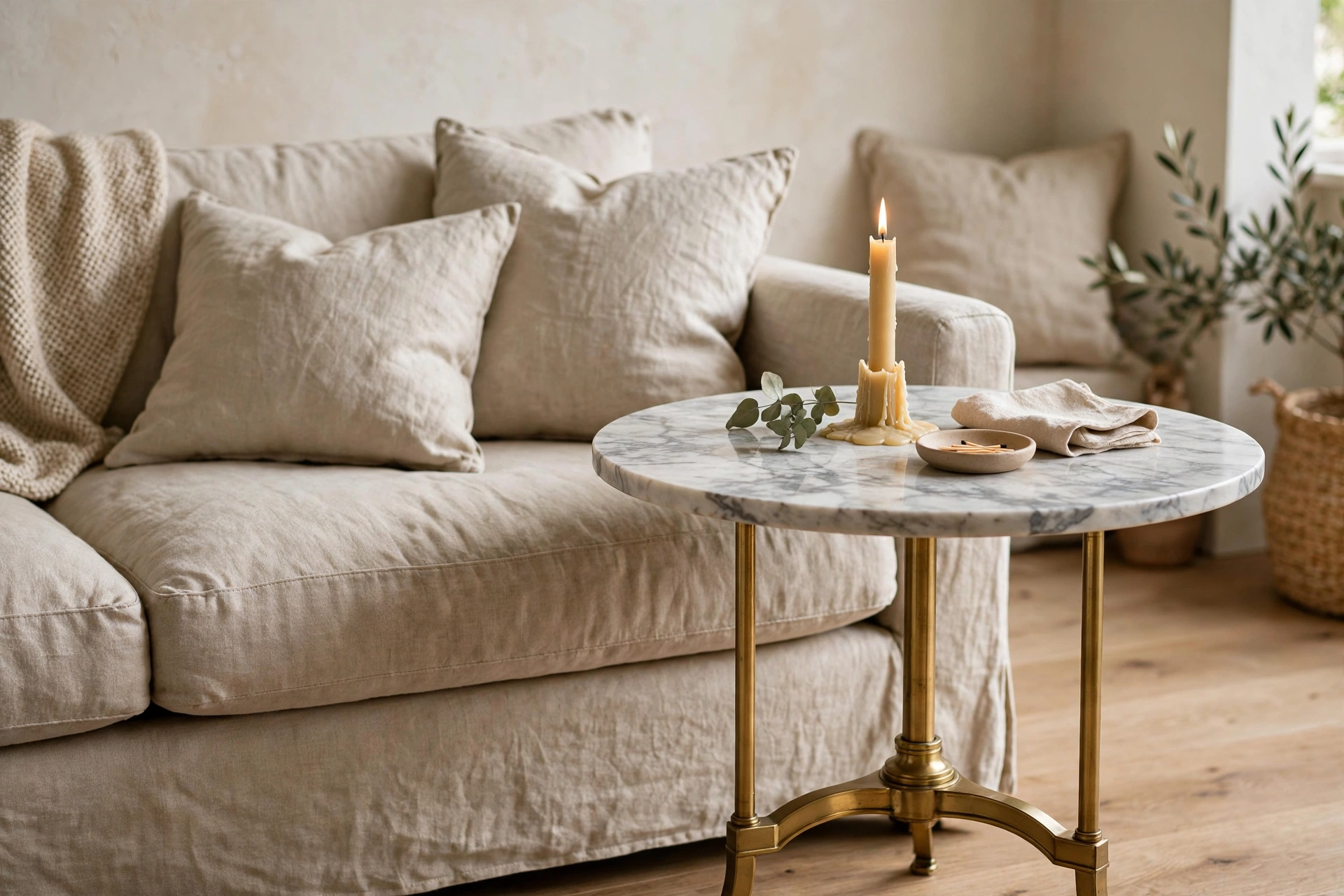 Round marble side table with brass base styled with a candle beside a linen sofa