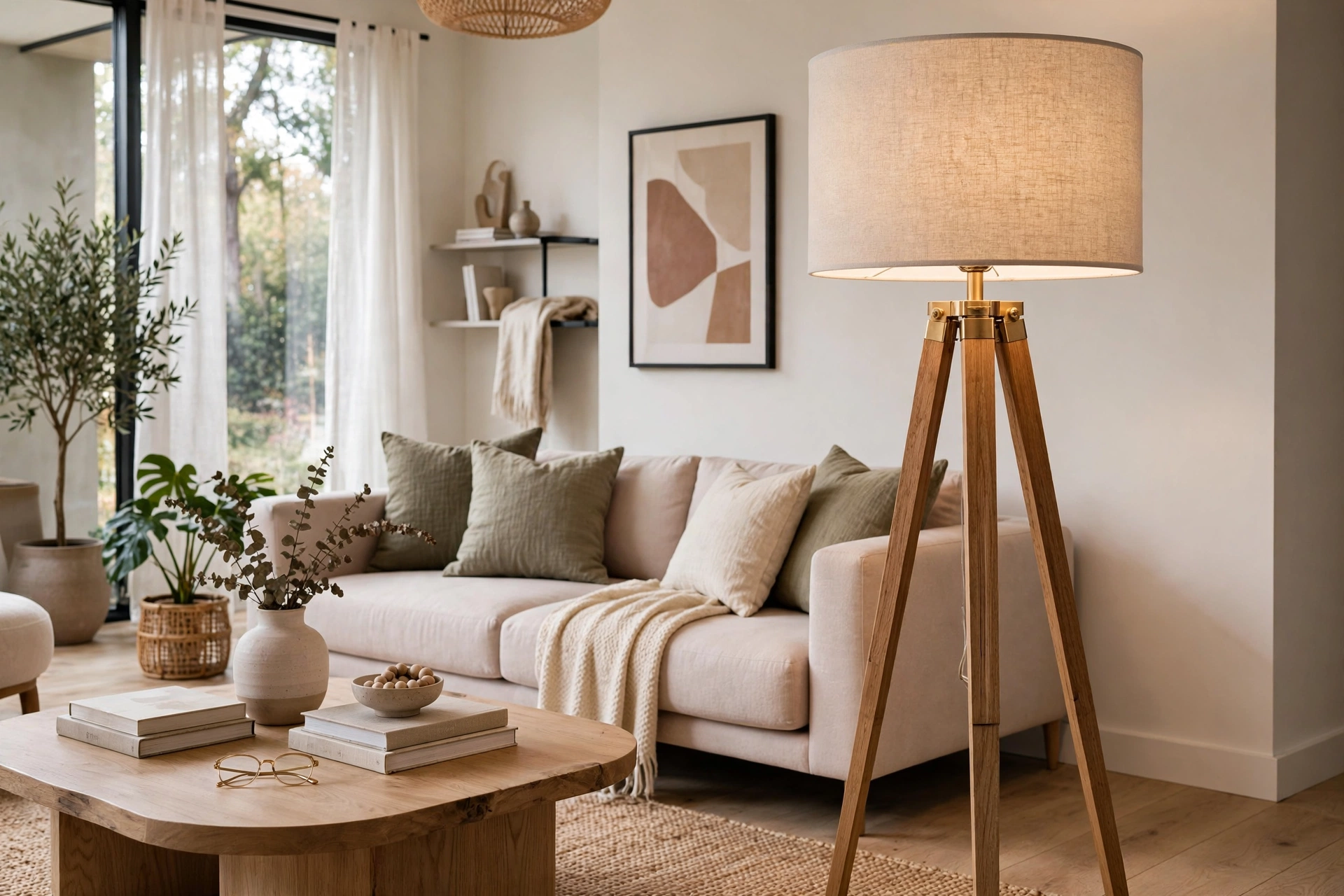 Tripod floor lamp with drum shade styled in a modern living room