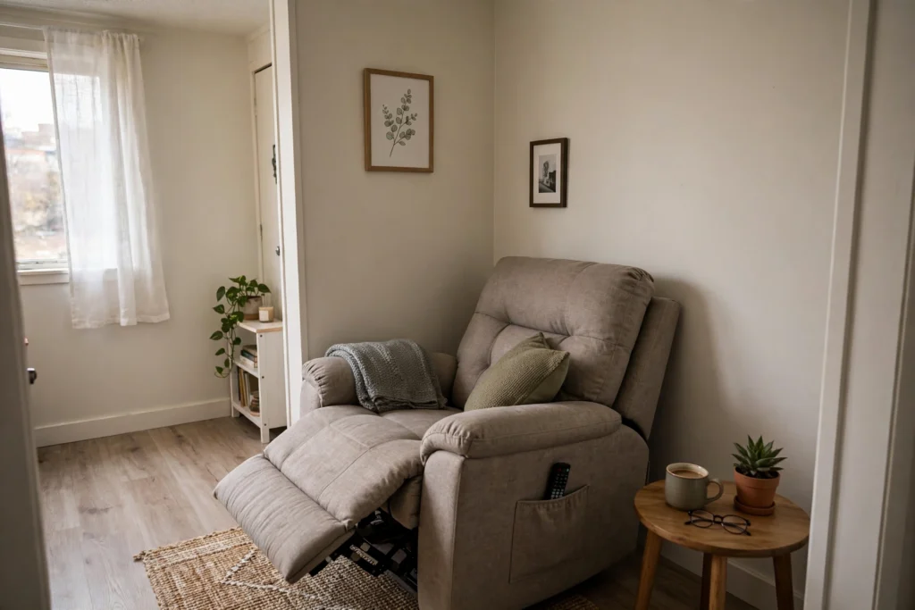 Wall-hugger recliner placed close to the wall in a small living room