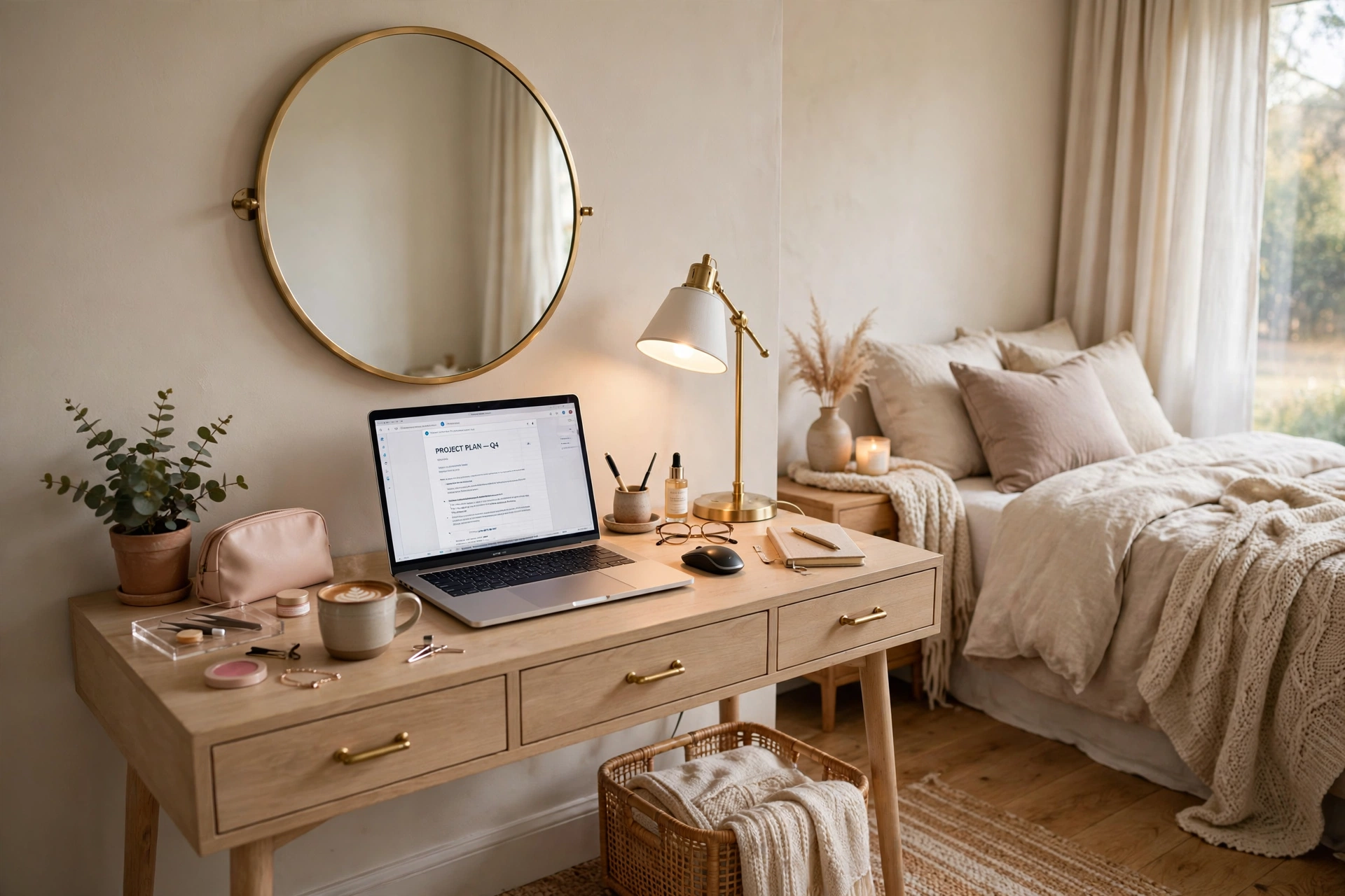 Vanity desk with round mirror styled as a laptop workstation in a bedroom