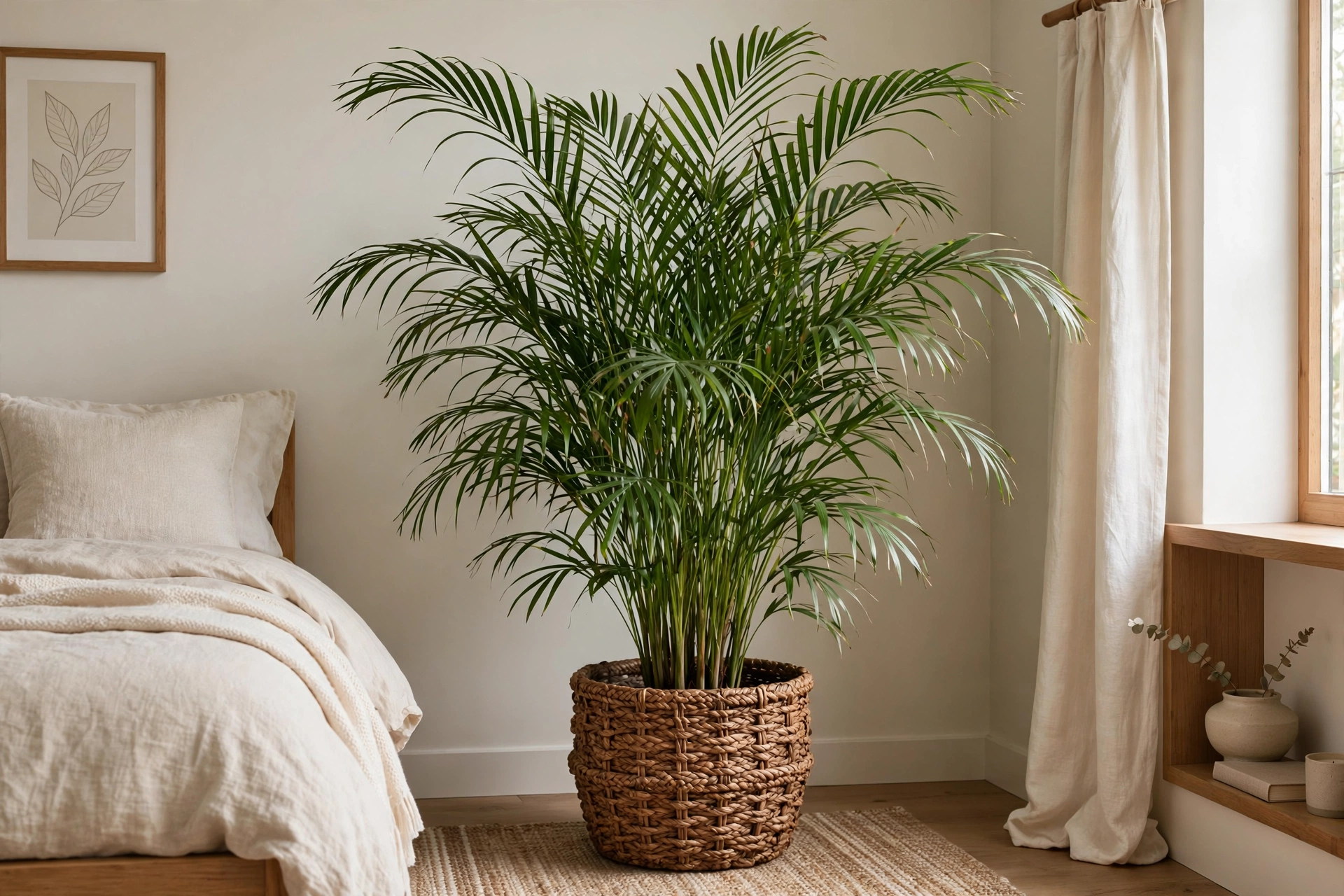 Large parlor palm in a woven floor basket anchoring a calm neutral bedroom corner