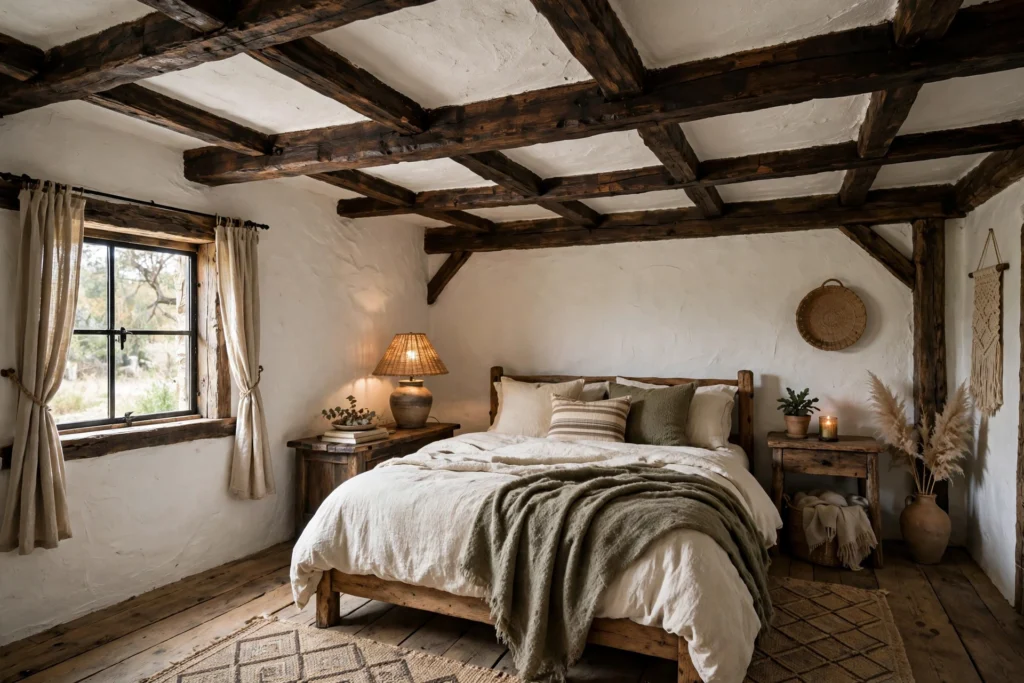 Rustic bedroom with dark stained exposed wood beams on a white plaster ceiling
