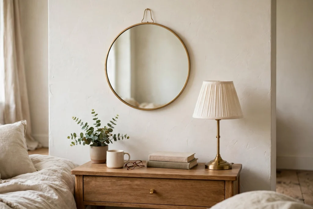 Round mirror with a thin brass frame hanging above a bedroom nightstand next to a table lamp