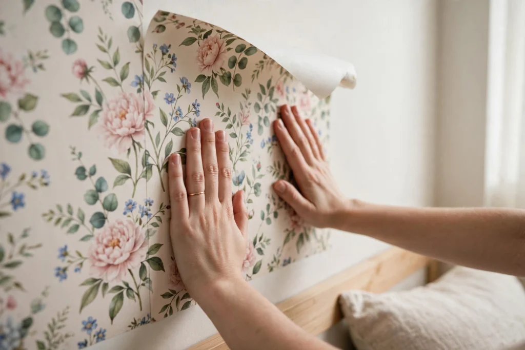 Hands smoothing peel-and-stick floral wallpaper onto a bedroom wall