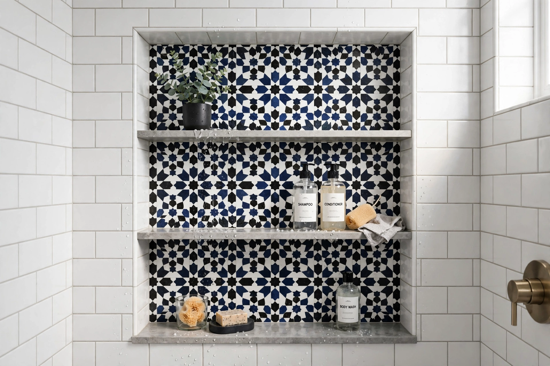 Shower niche with a contrasting patterned mosaic tile back wall