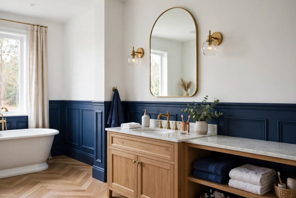 Navy blue wainscoting with white upper walls in a stylish bathroom