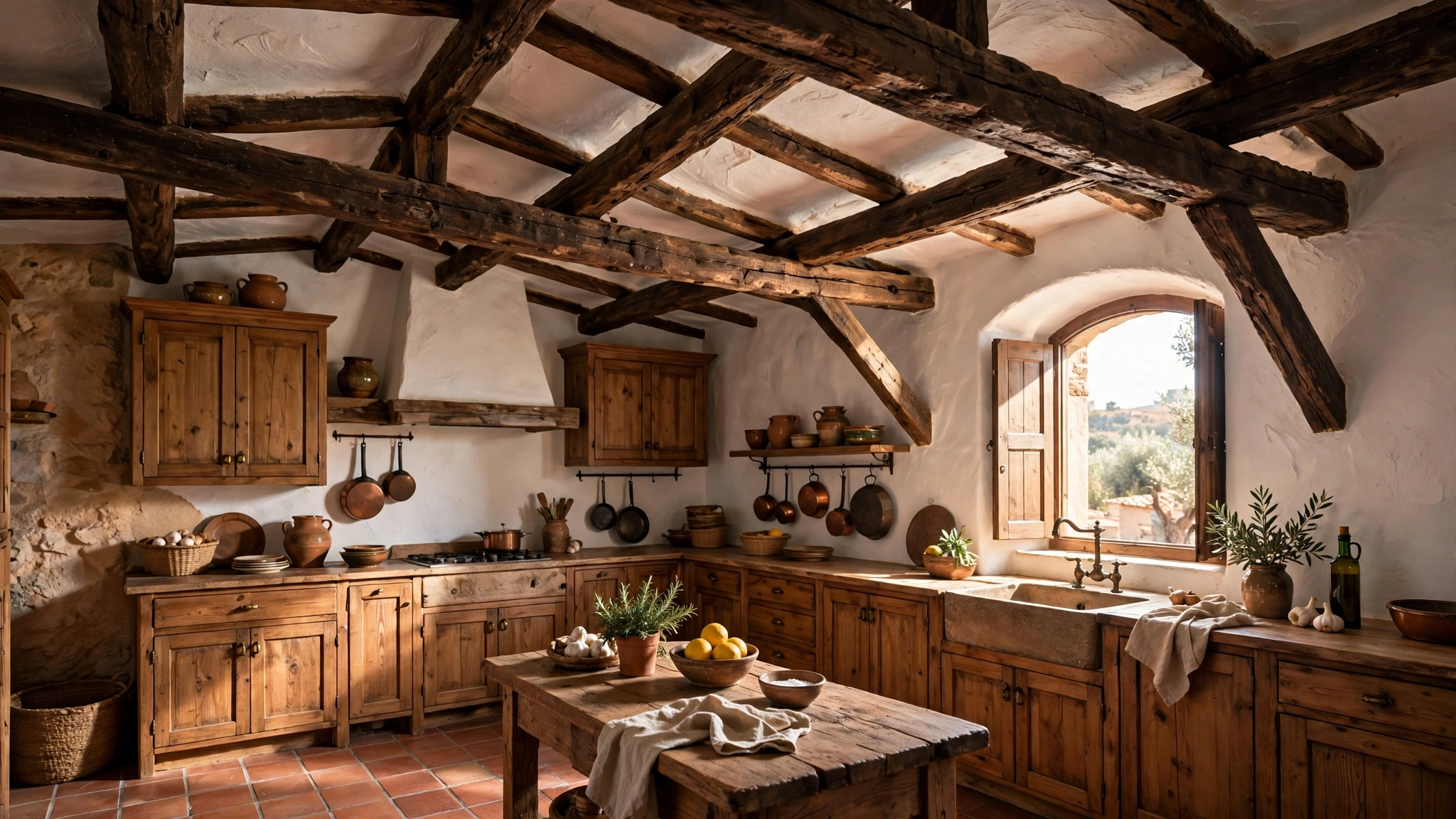 Rustic dark wood ceiling beams over a whitewashed plaster Mediterranean kitchen ceiling