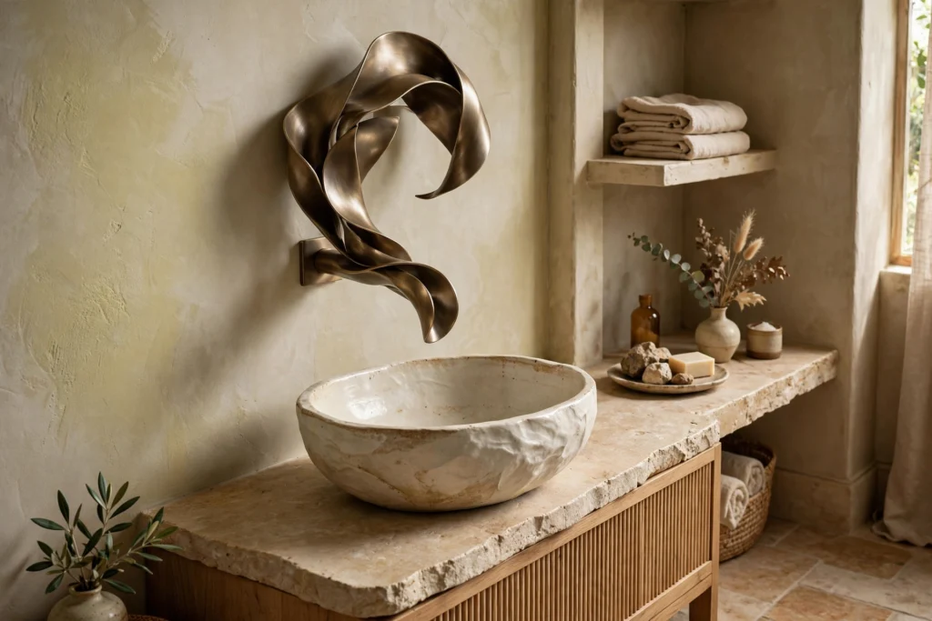 Sculptural wall mount faucet over a vessel sink in a boutique bathroom