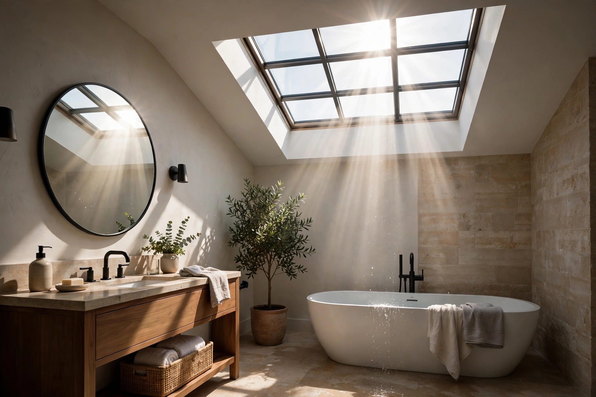 Large fixed skylight flooding a bathroom with dramatic natural light