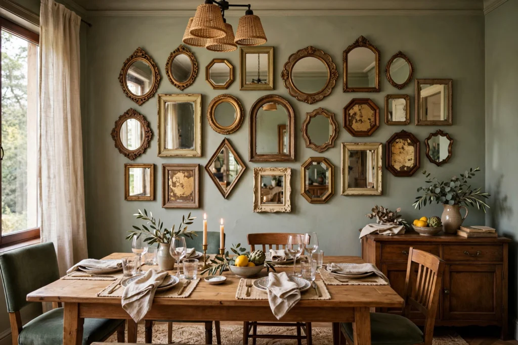 Gallery wall of small mixed-shape mirrors in vintage frames in a dining room