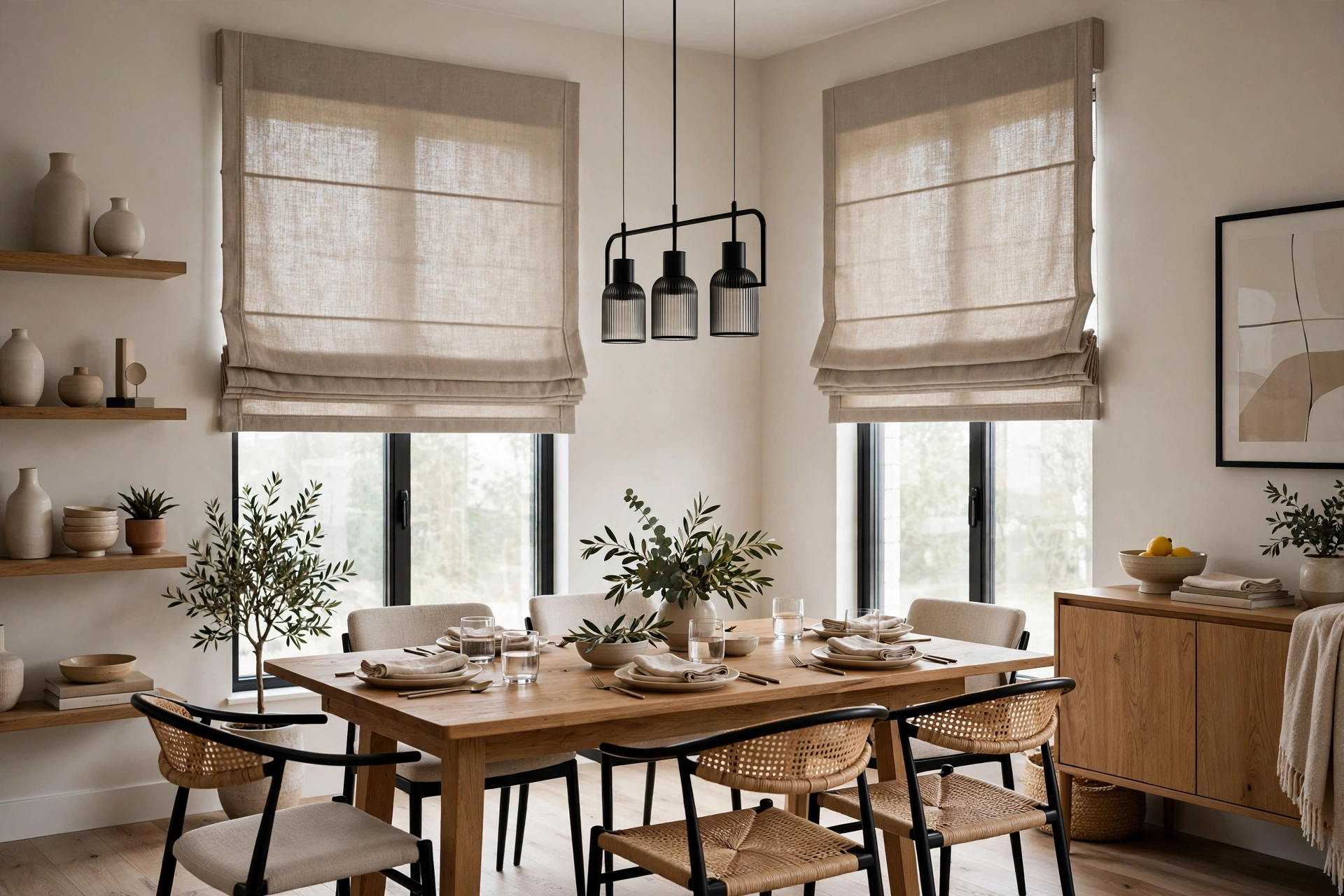 Tailored Roman shades in a modern dining room with a wooden table