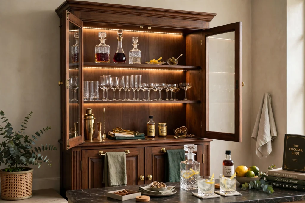 China cabinet converted into an elegant home bar with decanters and stemware