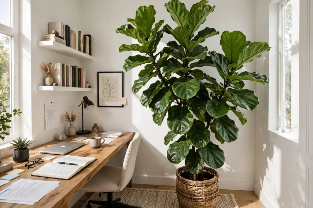 Dramatic fiddle-leaf fig tree in a bright home office corner