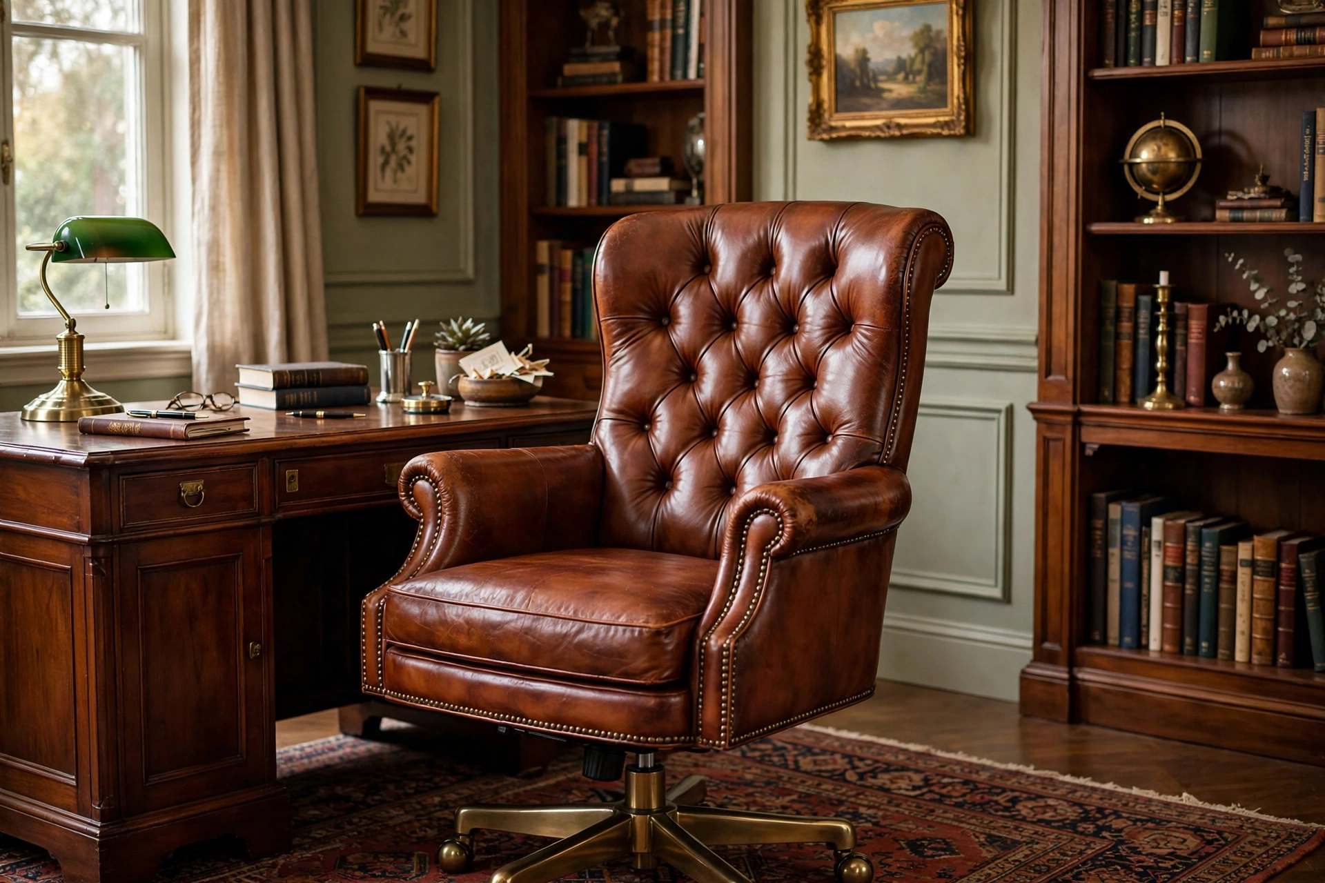 Cognac leather executive desk chair in a classic home office