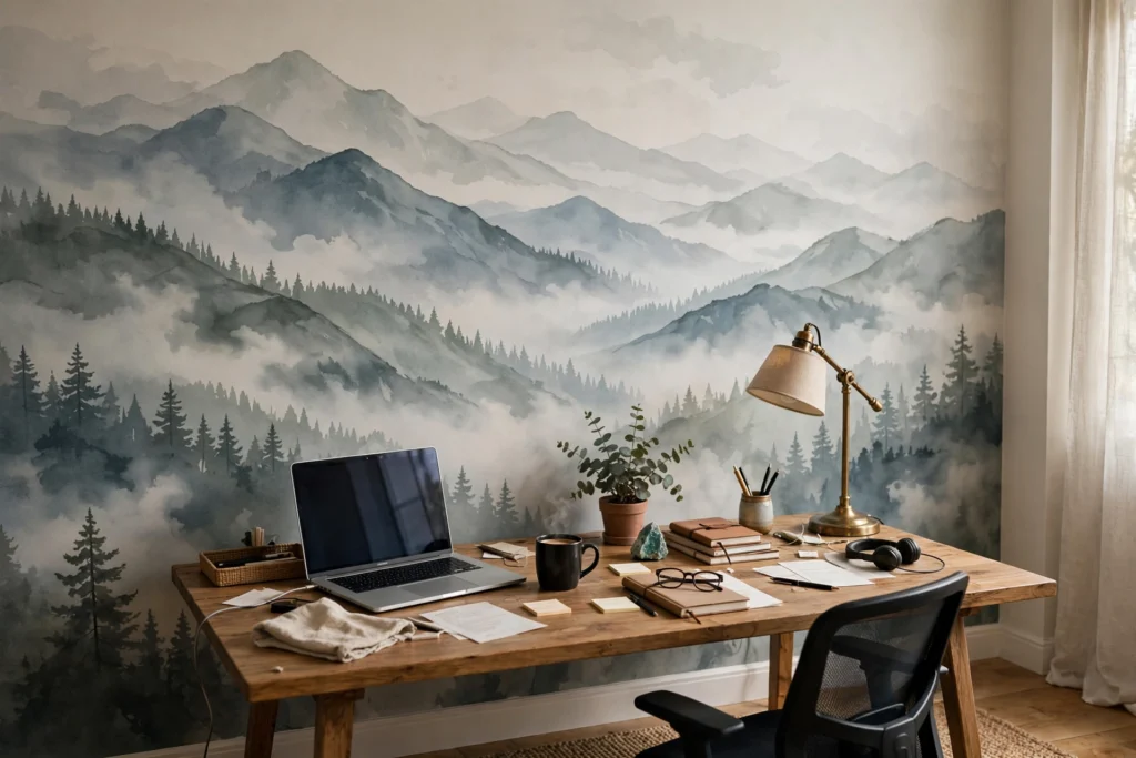 Misty mountain landscape mural covering the wall behind a home office desk