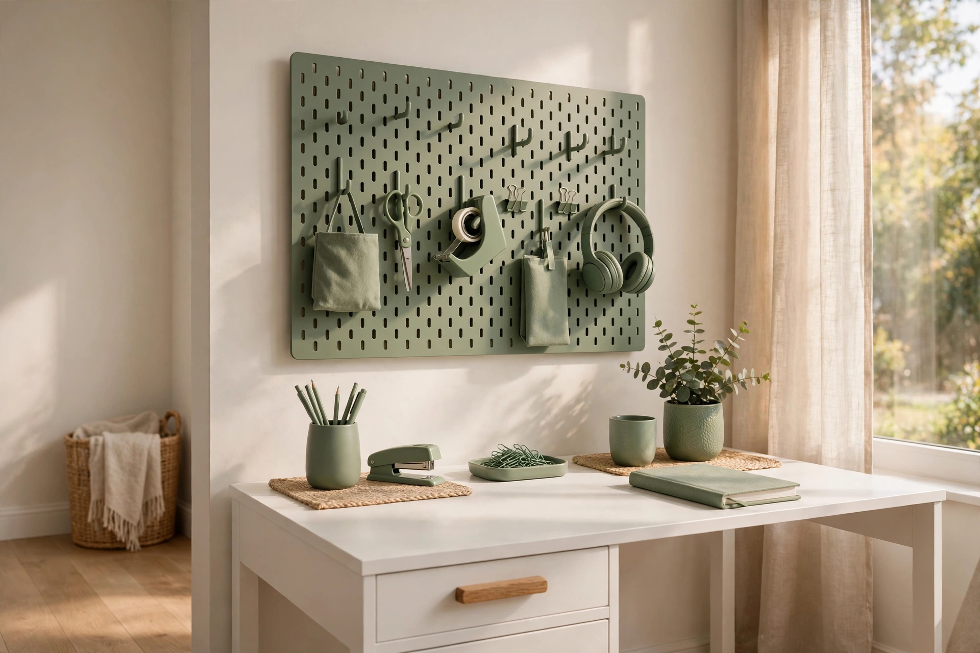 Sage green painted pegboard above a white desk with matching office supplies and hooks