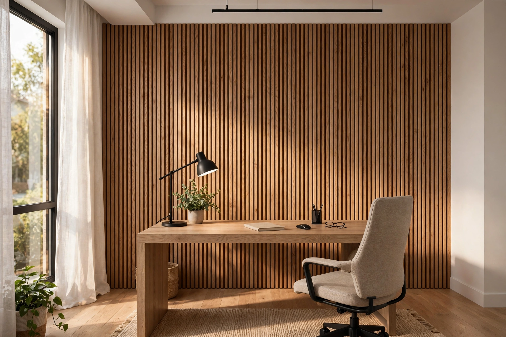 Vertical oak wood slat accent wall in a modern home office with a desk and chair