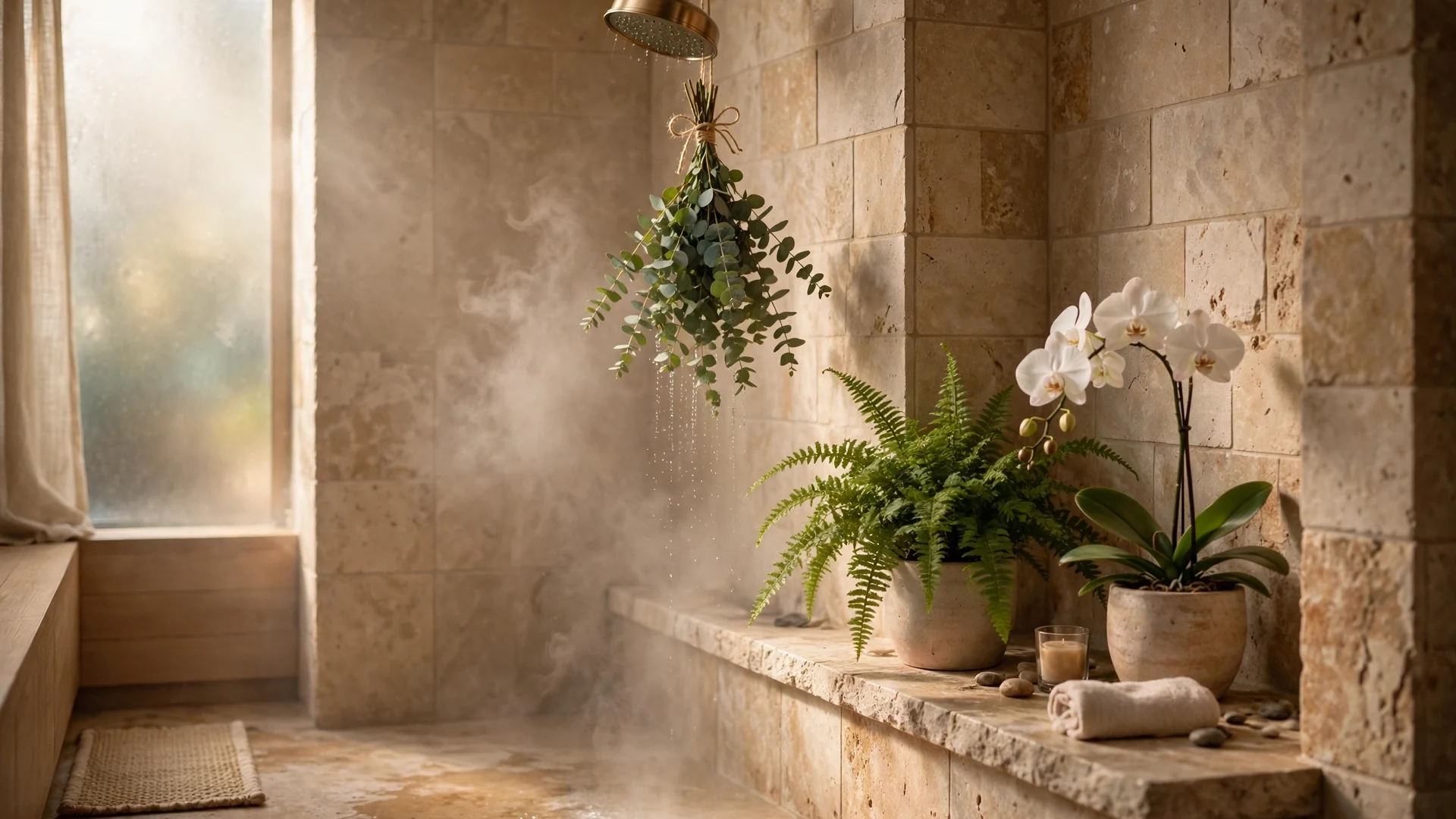 Fresh eucalyptus bundle hanging in a steamy spa shower with green plants