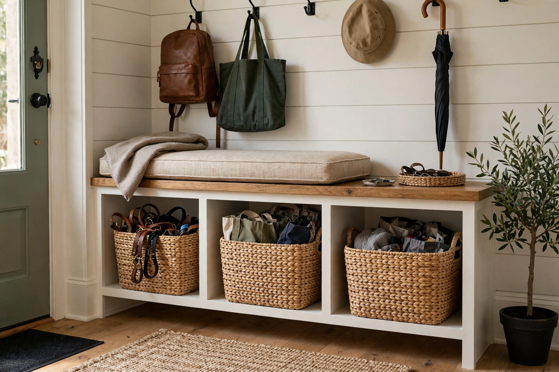 Woven seagrass baskets on lower entryway shelves storing leashes, bags, and clutter out of sight