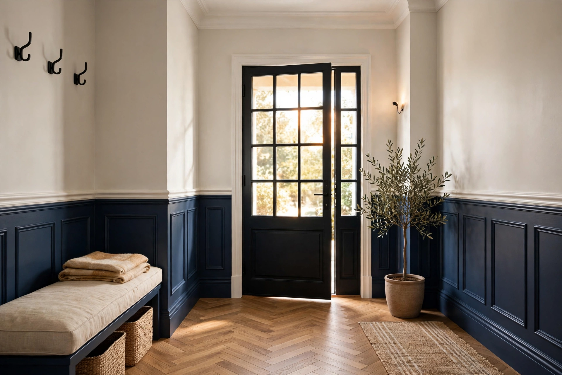Two tone painted entryway wainscoting with navy lower wall and crisp chair rail