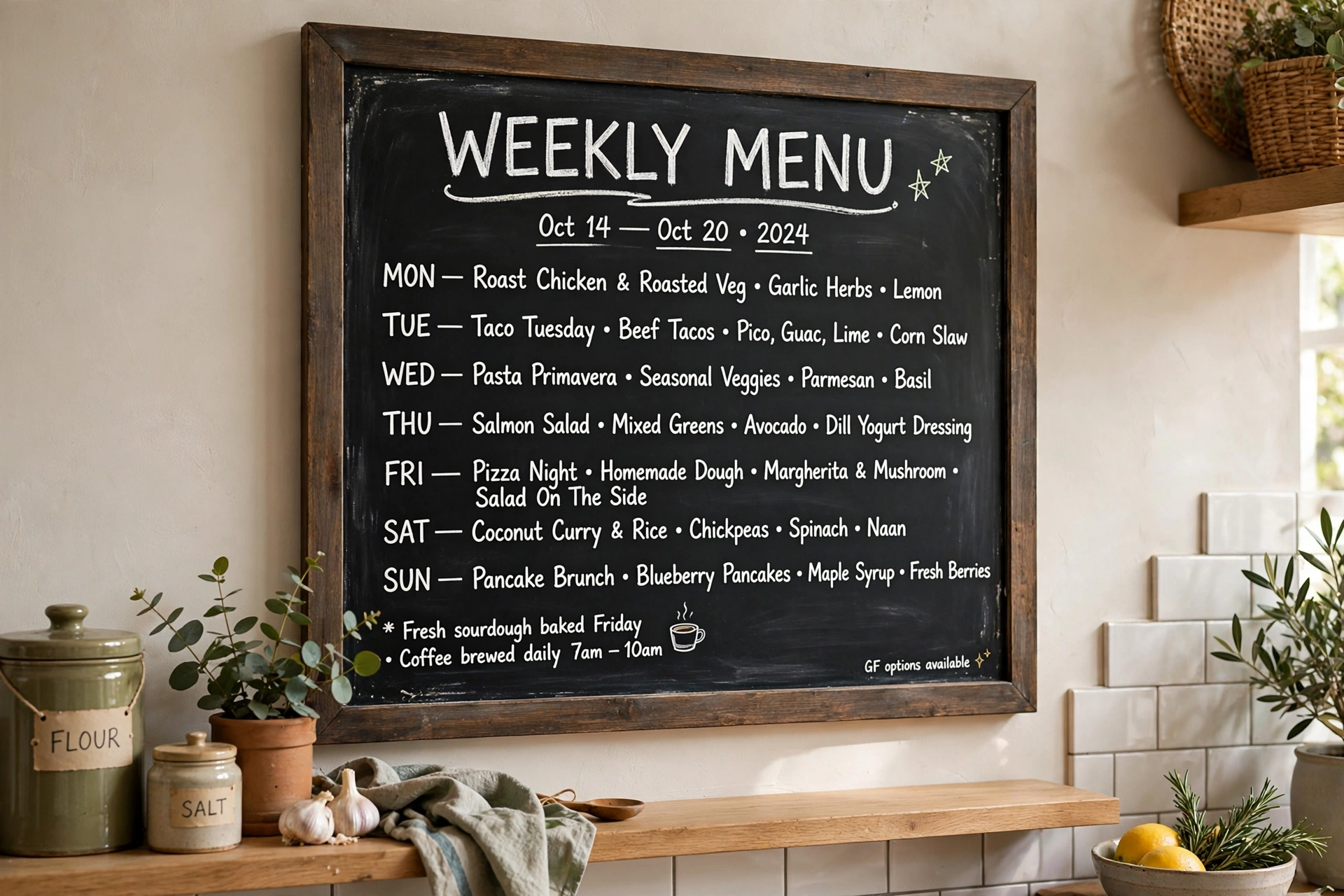 Framed chalkboard menu board with handwritten weekly menu in a kitchen