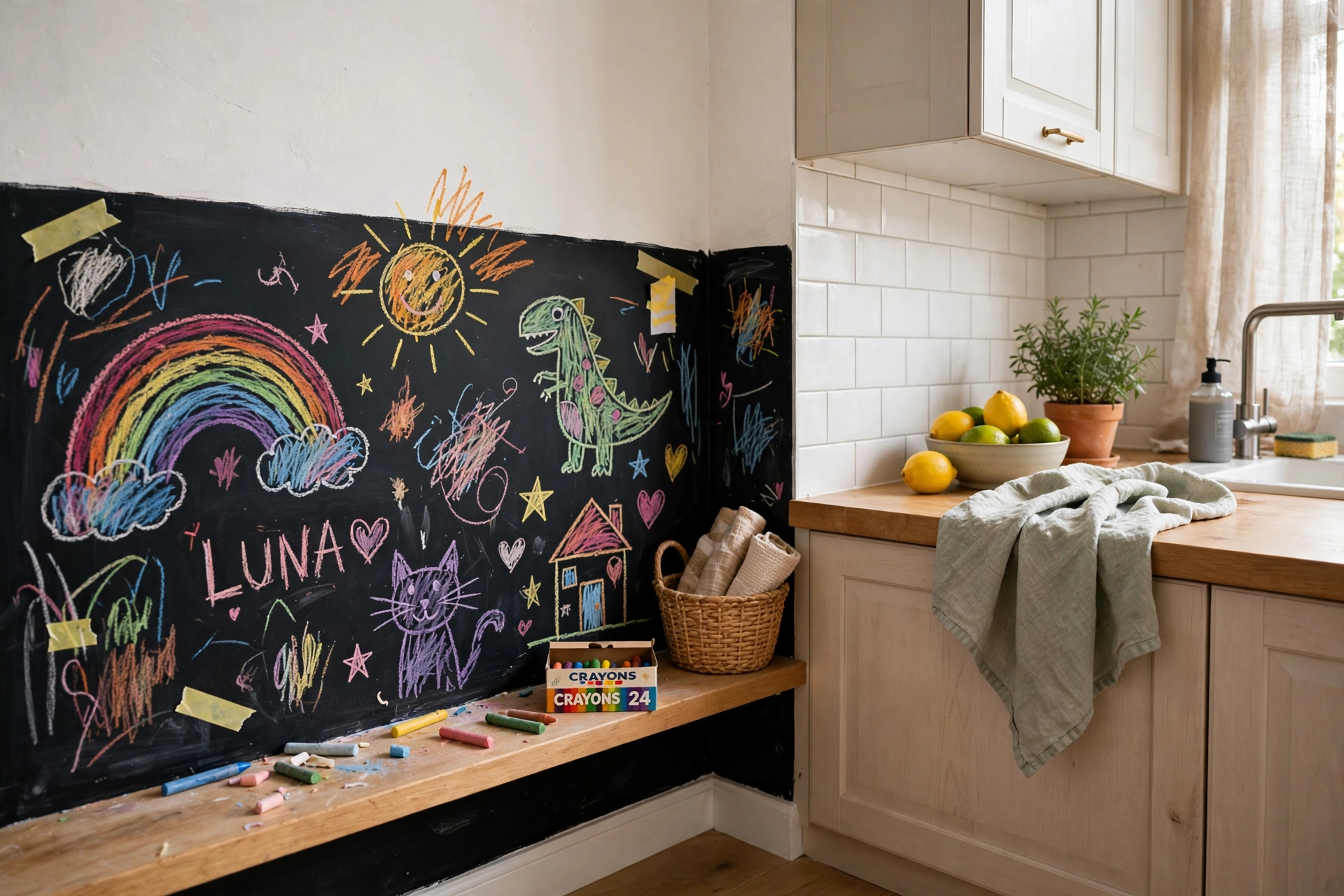 Low chalkboard doodle corner with colorful kids drawings in a kitchen