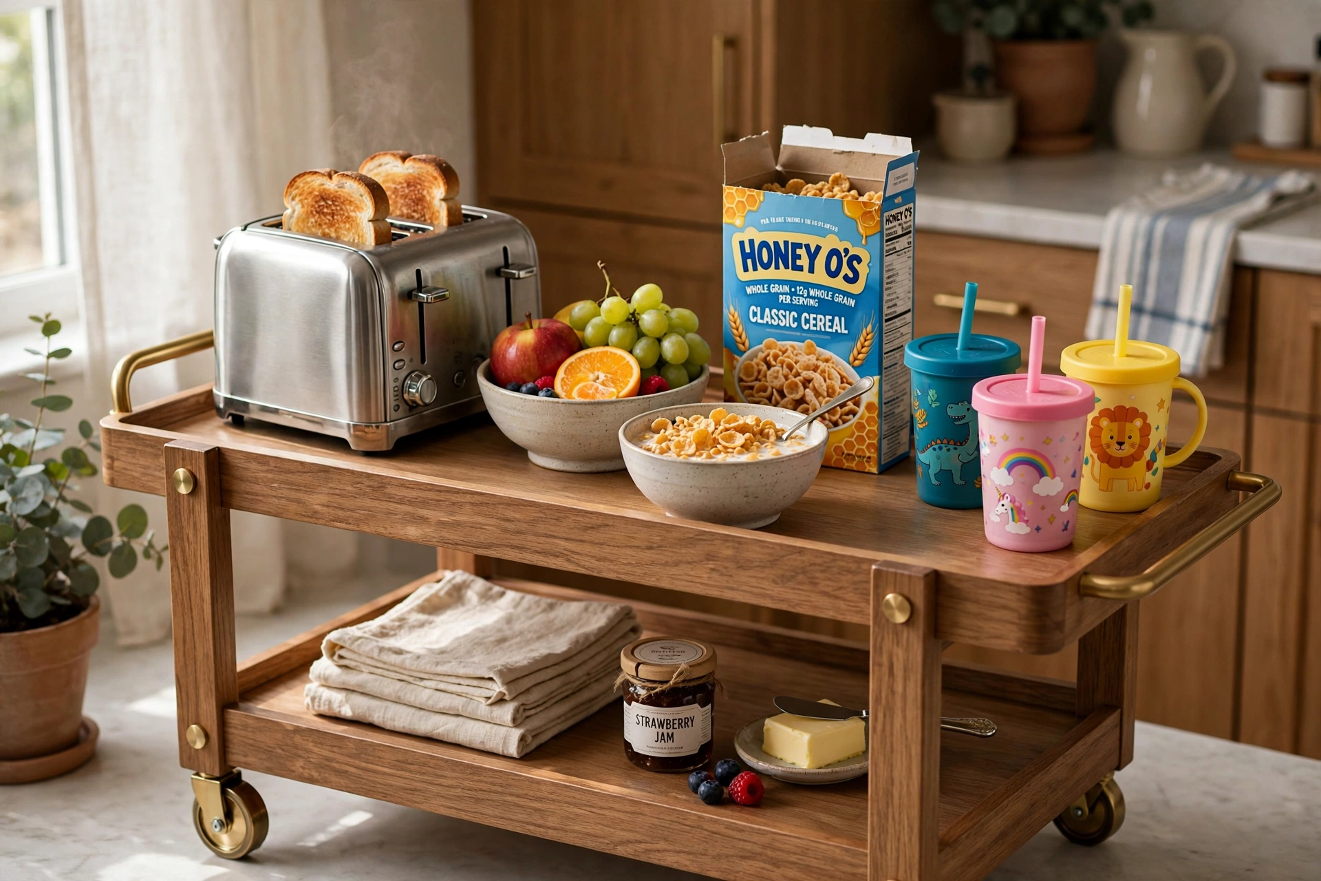 Breakfast cart with toaster fruit bowl cereal and kids cups