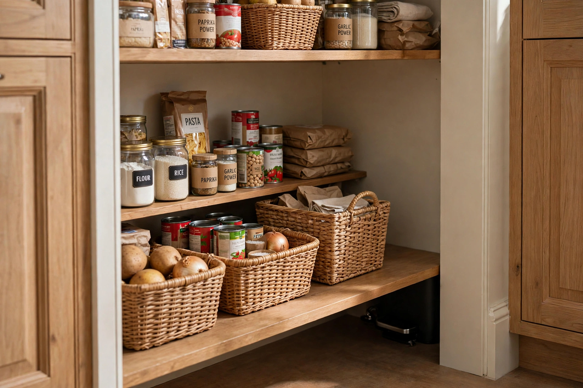 Trash bin tucked on a pantry floor shelf out of sight