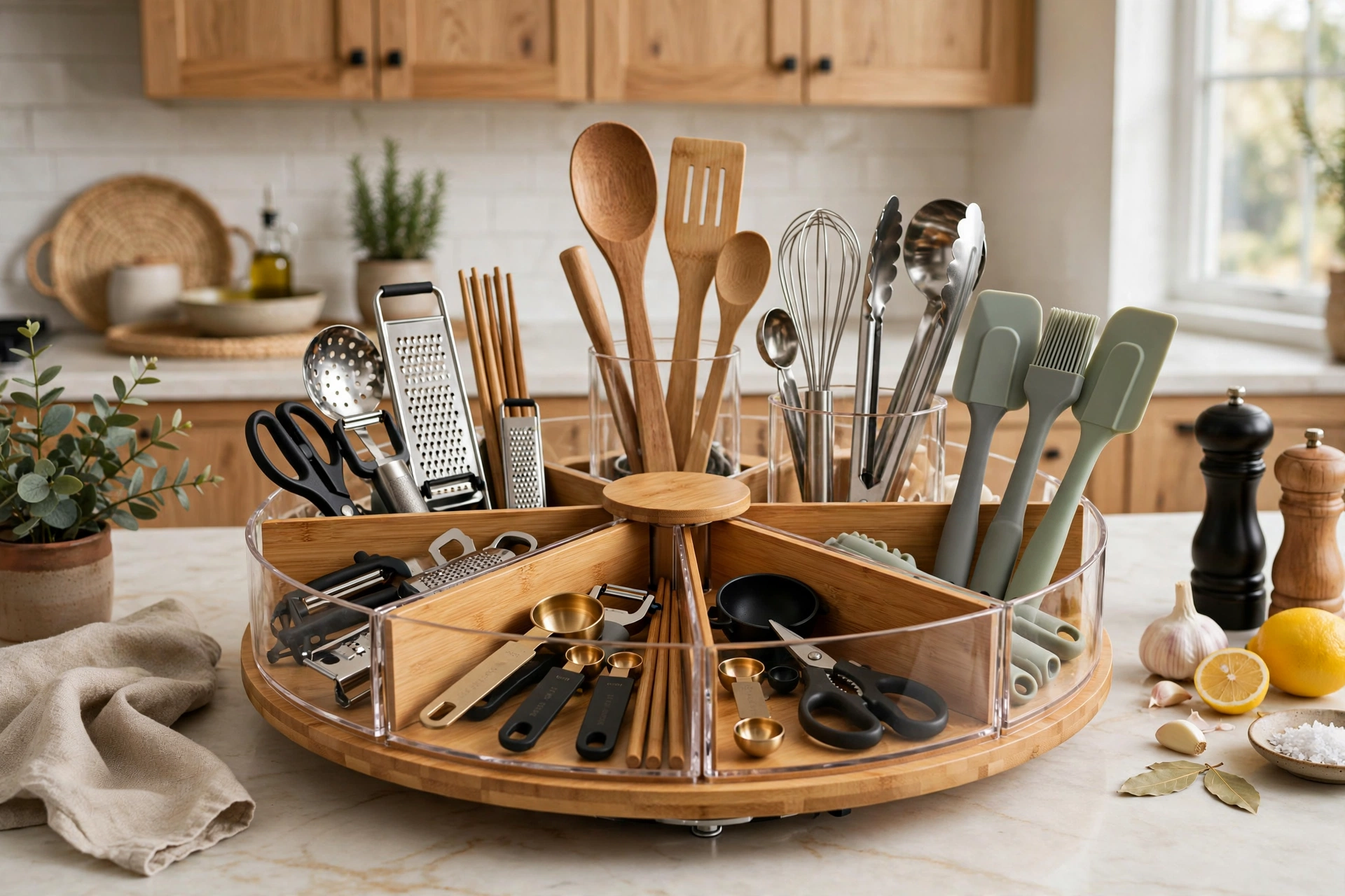 Rotating divided carousel with organized kitchen utensils on a counter