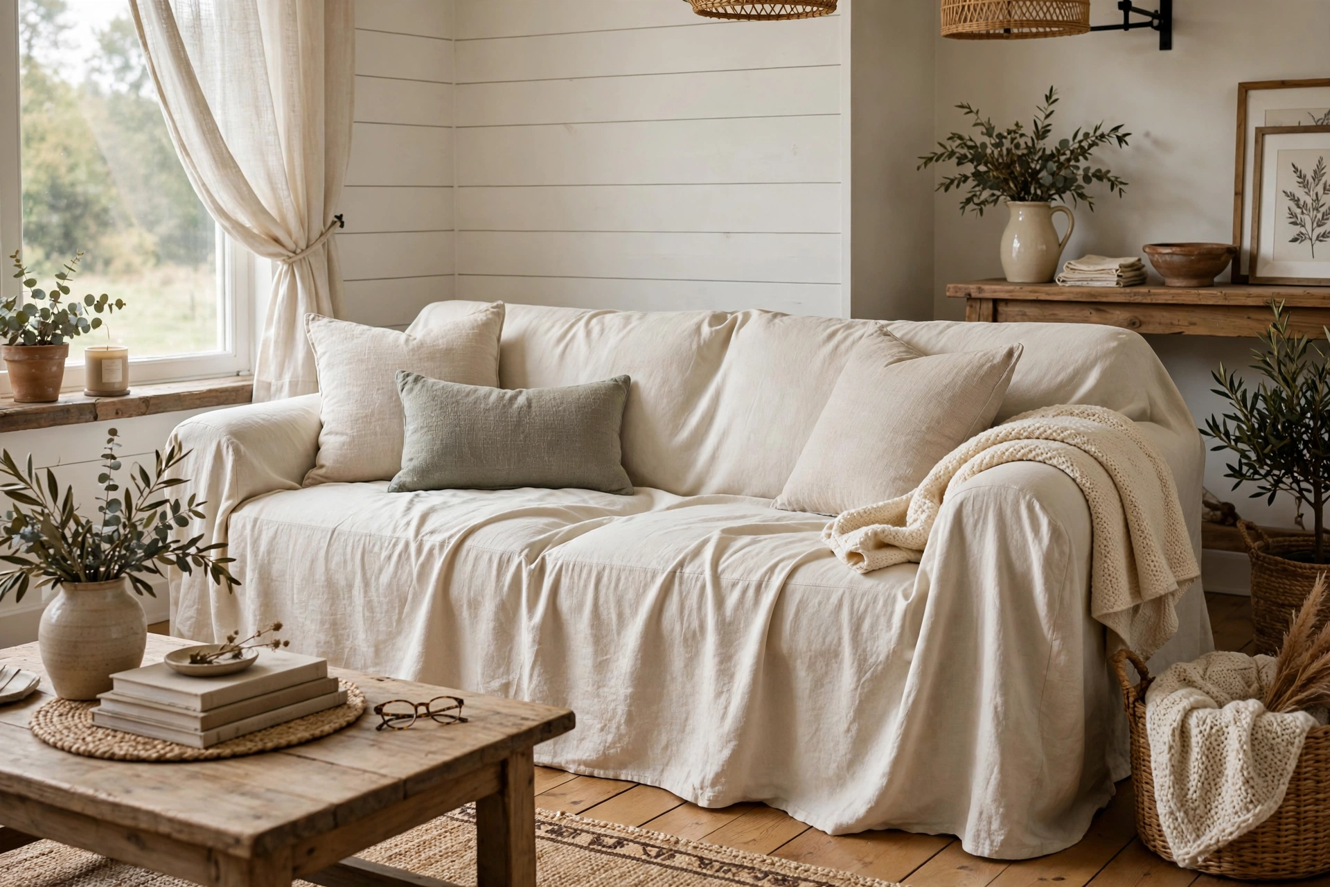 Loose fit slipcover sofa with soft draped folds in a farmhouse living room