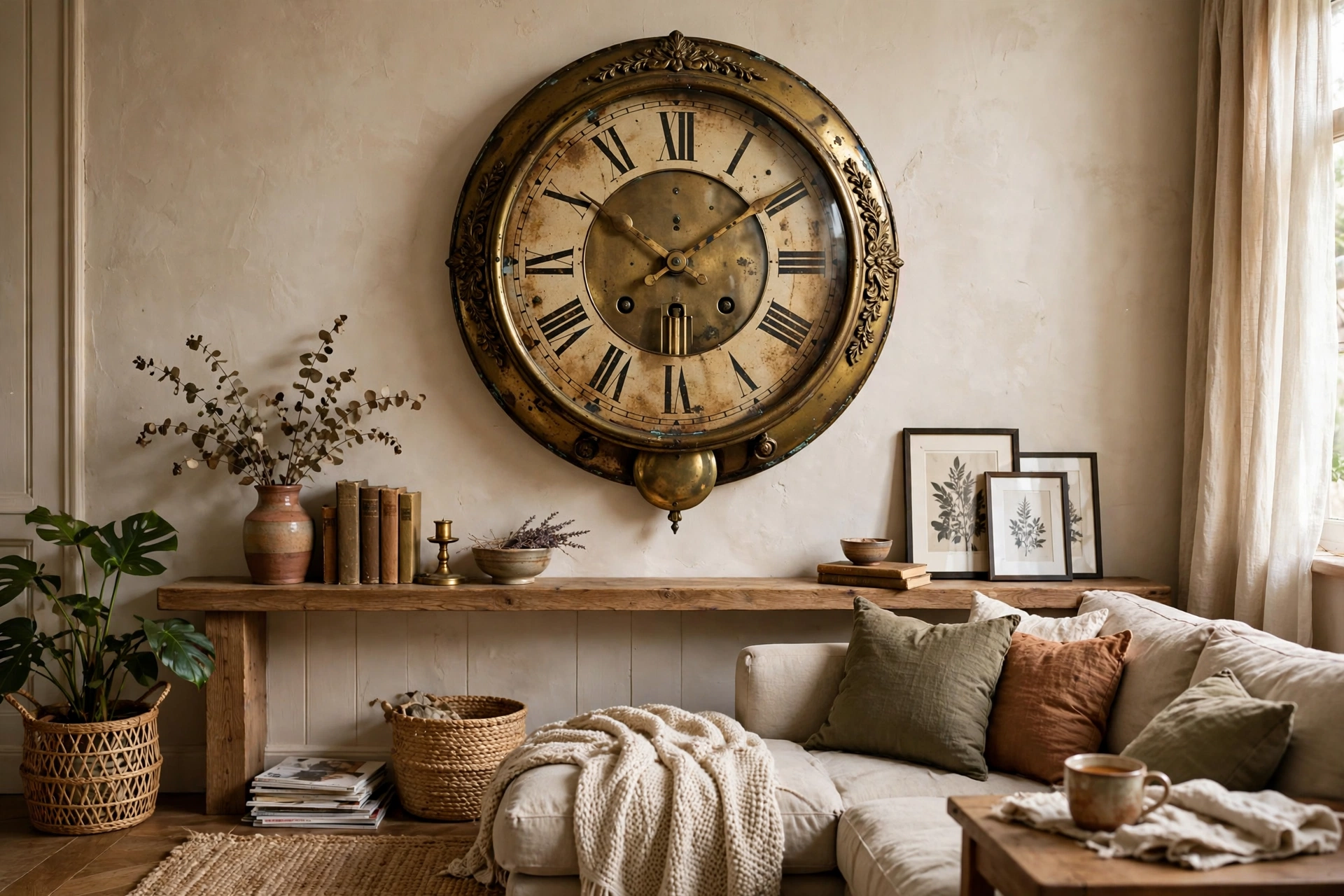 Vintage antique wall clock with aged brass finish in a cozy living room