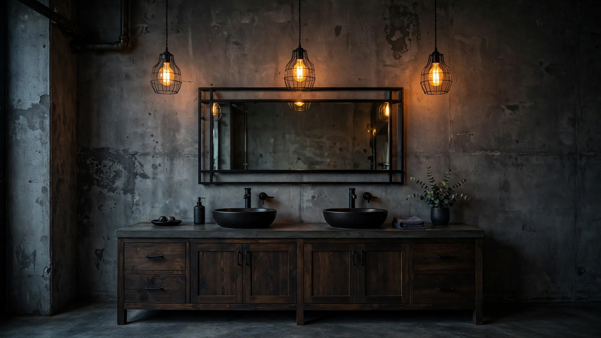 Wire-cage Edison bulb pendant lights glowing over an industrial bathroom double vanity