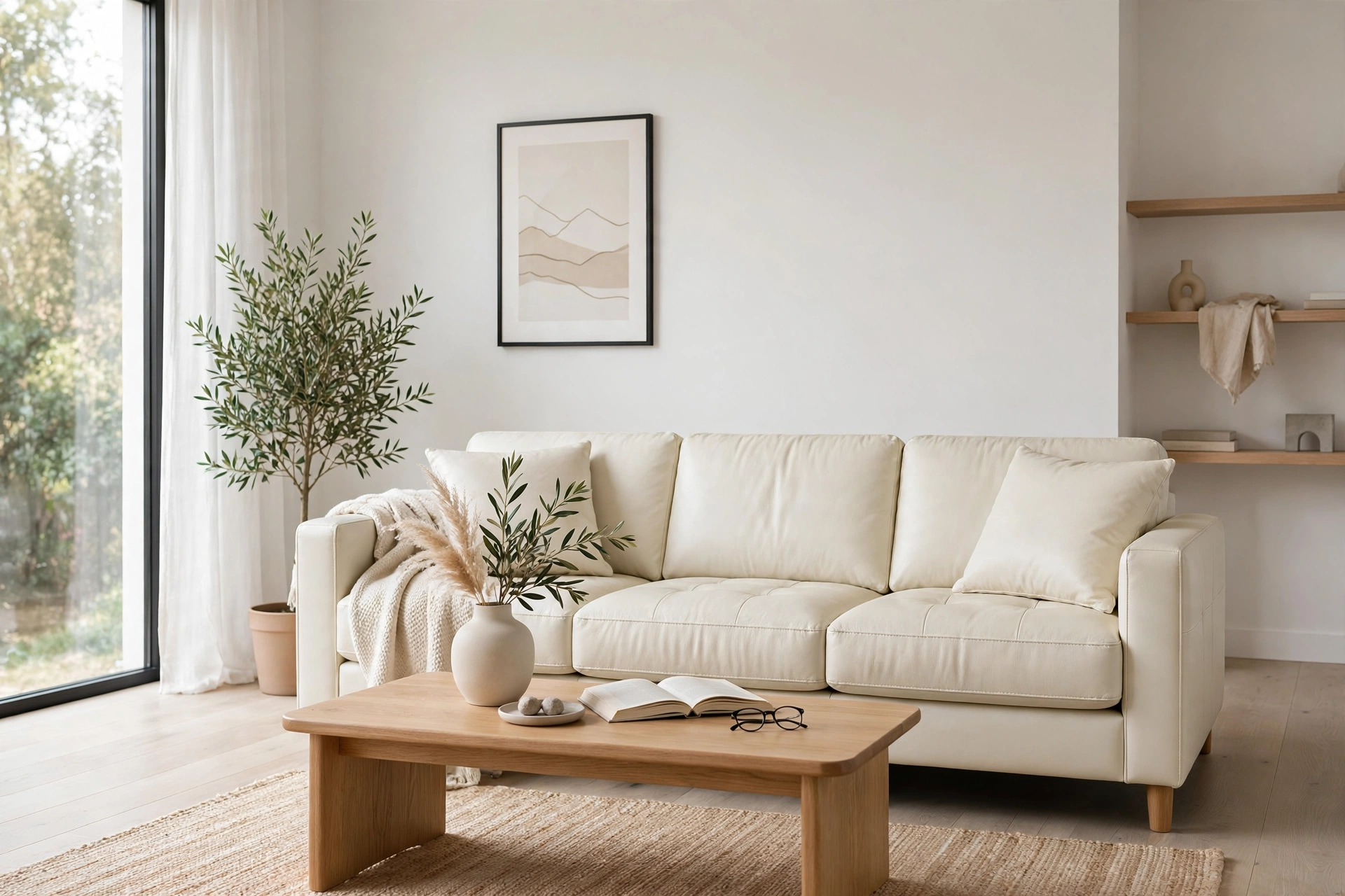 Cream white leather sofa brightening a minimalist living room